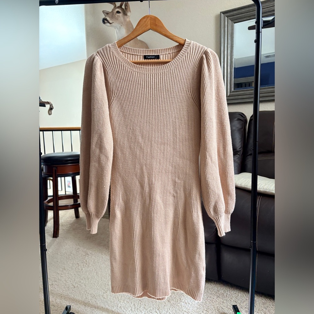 Beige Ribbed Knit Sweater Dress - Picture 2 of 5